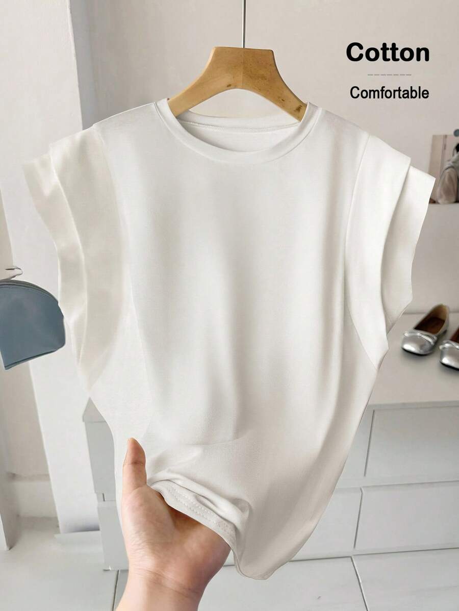 SHEIN LUNE Tricou de vară cu mânecă de liliac, simplu, de vară, cu guler rotund, simplu, înapoi la școală, ținute pentru femei, haine vintage, haine de afaceri casual pentru femei, haine de toamnă, stil vechi de bani, pentru femei