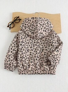 Cozy Pixies 女婴豹纹连帽长袖休闲夹克，百搭 - 卡其色 - 查看 2