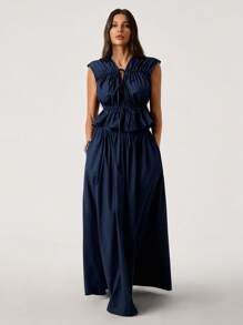 SHEIN Tall 2pcs/Set Women Navy Comfort Vacation Casual Commute Drawstring Top & Ruched Skirt Set - Navy Blue - View 6