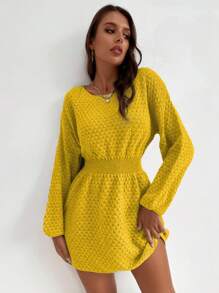 SHEIN LUNE Vestido casual de punto de cuello redondo, hombros caídos, manga larga y cintura ajustada de unicolor para mujer - Amarillo - Ver 6