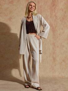 Bóhologie 女士纯色混纺亚麻外观梭织面料两件套服装 Coords 和服和裤子春夏波西米亚风 - 米色 - 查看 7