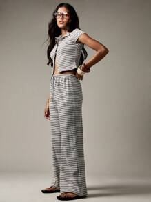 MISSGUIDED Ribbed Striped Button Through Wide Leg Palazzo Pants Set Summer Casual Beach Resort Wear Cropped Top Two Piece Holiday Outfit Cozy Loungewear - Multicolor - View 5