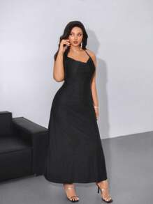 Viva Relle Vestido Preto Elegante e Sexy para Festa, Formal, Vintage, com Decote Halter, Corrente Metálica Anexada, Design de Teia de Aranha Nas Costas Abertas e Ajustado, Plus Size para Mulheres - Preto - Visão 3