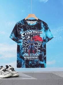 SUPERMAN X SHEIN Camiseta de manga corta ajustada con estampado de relámpago oscuro y letras inglesas de superhéroe para niño preadolescente, primavera/verano - Negro - Ver 1
