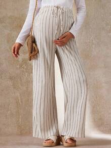 SHEIN Bohemian Maternity Adjustable Waist Striped Loose Straight-Leg Pants