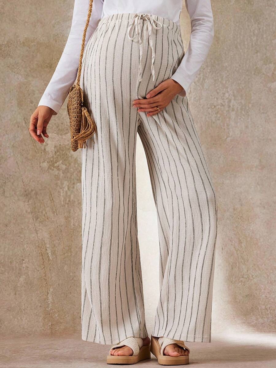 SHEIN Bohemian Maternity Adjustable Waist Striped Loose Straight-Leg Pants