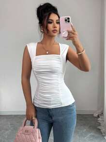 Chiquease 女式纯色领口短款紧身无袖背心 - 白色 - 查看 7