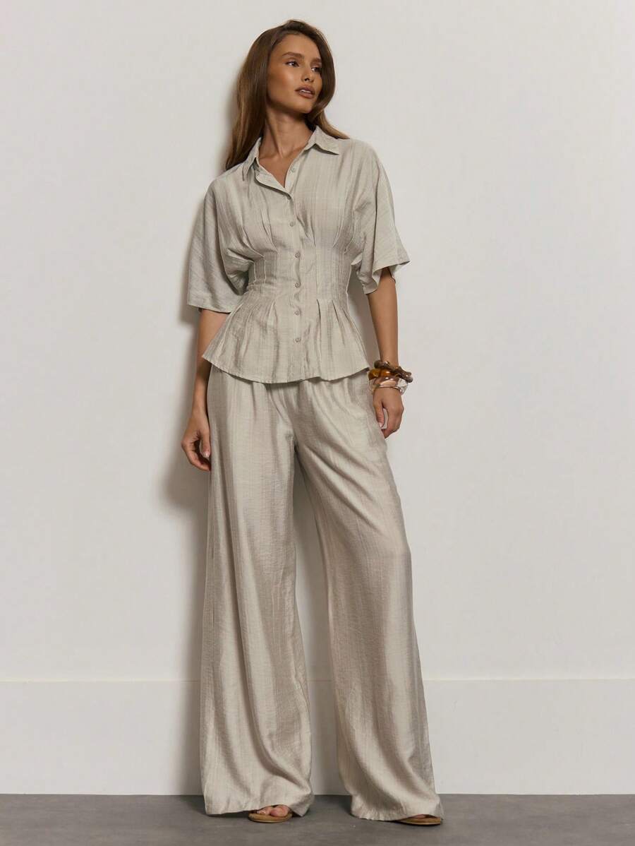 MUSERA 松紧腰阔腿裤 可爱夏季度假休闲优雅亚麻风长裤 机场沙滩集体办公着装 女士职业装 情人节春季 - 卡其色 - 查看 1