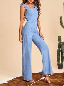 Selenza Ruffle Trim Wide Leg Denim Jumpsuit - Light Wash - View 4