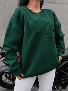 Cottnline Cotton Letter Embroidery Drop Shoulder Thermal Lined Sweatshirt - Dark Green - View 4