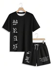 Manfinity Homme 男士字母图案休闲圆领短袖T恤套装，夏季工作室室内外穿着必备 - 彩色 - 查看 3