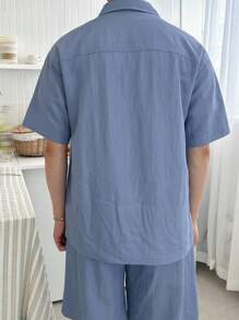 DAZY Summer Navy Solid Drawstring Elastic Waist Shorts, Matching Outfit With Men's Shirt - Blue - View 2