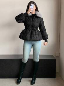 DAZY 女士撞色外套，毛绒拼接，碎花，褶皱腰身和荷叶边下摆，适合秋冬季夹克 - 黑色 - 查看 6