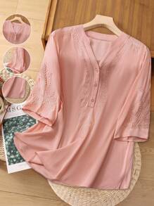 EMERY ROSE Blusa casual de manga 3/4 con bordado para mujer talla grande, de verano y otoño, para vacaciones, en color rosa, sencilla y de moda para uso diario, con vibras de vacaciones, para primavera, uso casual, estilo bohemio, cómoda y transpirable, para salir - Rosa - Ver 2