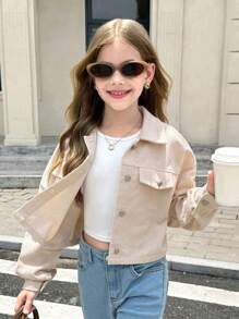 SHEIN Tween Girls Fashion Street Wear Solid Woven Corduroy Drop Shoulder Lapel Pocket Jacket, Suitable For Casual Outings, Back To School, Y2K, Tween Jacket, Cropped Jacket, Teen Girls Jacket, Corduroy Jacket, Cute Jacket Girls,In Fall/Winter