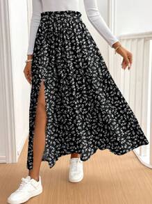 SHEIN Frenchy 女士休闲度假高开叉伞形下摆半身裙，适合夏季，碎花，法式优雅