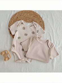 Loomiva 2pcs/Set Baby Boy Cartoon Bear Pattern Knit Soft Crew Neck Short Sleeve Bodysuit - Multicolor - View 4