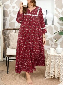 Serenescape Plus Size Women Casual Floral Embroidered Decor Round Neck Plus Size Nightgown, Moo Moo, For Fall & Winter, Cozy Outfits - Burgundy - View 4