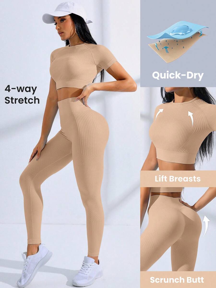 Gameset SHEIN Sport Conjunto de ropa deportiva para mujer con camiseta corta de manga corta sin costuras y elástica, y mallas - Caqui - Ver 1