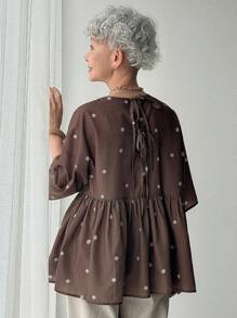 FRIFUL Women's Backless Tie-Up Ruched Ditsy Floral Casual Versatile Blouse - Brown - View 6