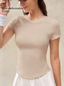 OutZeal 女士健身服运动T恤 普拉提运动服 速干凉爽触感网眼设计 短袖紧身压缩上衣 运动上衣 - 卡其色 - 查看 4