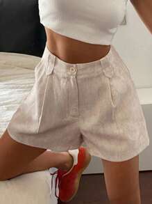 DAZY 女士宽松亚麻休闲直筒口袋短裤，适合度假、秋季 - 米色 - 查看 5