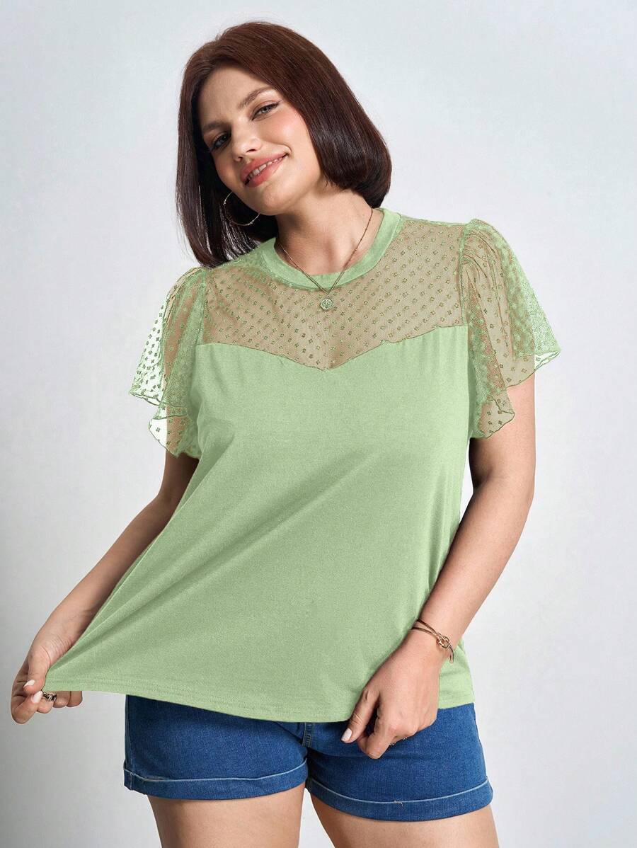 Chikora 大码音乐节女式宽松圆领网眼撞色荷叶边短袖上衣，适合夏季、办公室穿着 - 薄荷綠 - 查看 1