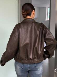 Dazy Plus Spring & Autumn New Vintage Style Short Faux Leather Jacket For Women, Plus Size Regular Fit Bomber Jacket For Valentine's Day,Fall Women Clothes Women Coats - Brown - View 2