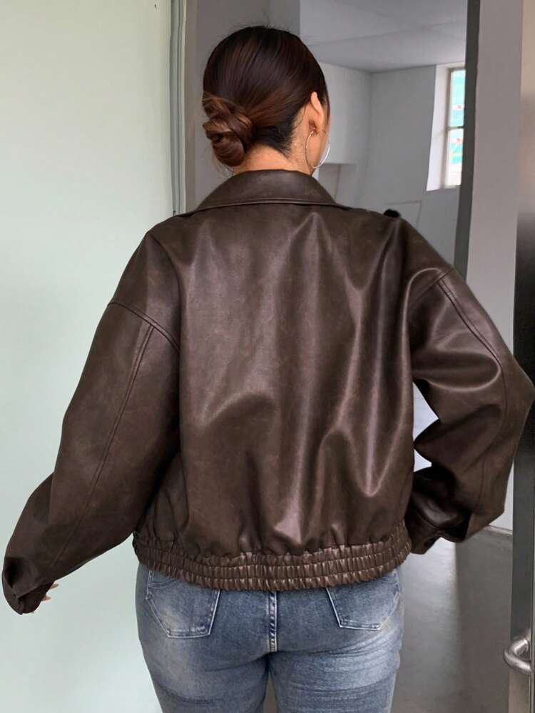 Dazy Plus Spring & Autumn New Vintage Style Short Faux Leather Jacket For Women, Plus Size Regular Fit Bomber Jacket For Valentine's Day,Fall Women Clothes Women Coats