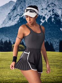 SHEIN Sports 女式休闲户外无袖连体裤，带标语印花和褶皱设计 - 灰色 - 查看 1