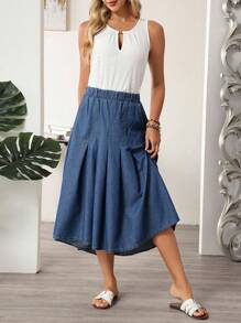 EMERY ROSE 女士休闲水洗褶皱牛仔迷你裙 - 藍色 - 查看 5