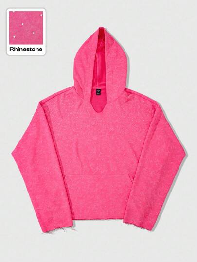 Street Life Men's Glitter Rhinestone Diamond Washed Hoodie, Oversized Short Style