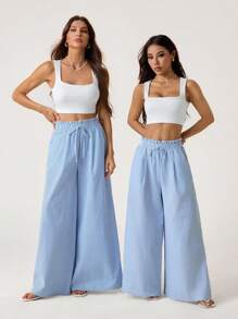 SHEIN Tall Damen-Freizeithose mit Taillenband, Streifenmuster, Taschen, weitem Bein, lockerem Schnitt und langer Passform, für große Frauen - Blau-Weiß - Übersicht 7