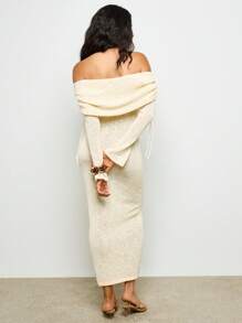 AiiRZ Rochie maxi cu umeri goi, model bandeau, mânecă lungă, tricotată, cu pliuri, toamnă și iarnă, pentru sărbători, petrecere, nuntă, invitați, talie Empire, pulover, lungime podea - alb - Vizualizare 2