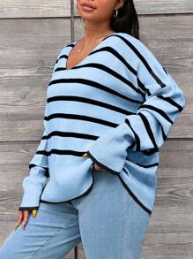 EURMUSE Plus Size Women's Striped Drop Shoulder Long Sleeve Casual Loose Pullover Sweater - Baby Blue - View 3
