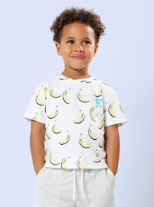 SUMWON Ensemble coordonné d'été pour enfants. T-shirt avec imprimé banane, shorts en jersey avec cordon de serrage. Tenue de plage décontractée pour les vacances. Confort toute la journée, coupe ample