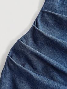 SHEIN MOD Women's Square Neck Pleated Fitted Denim Sleeveless Dress - Dark Wash - View 4