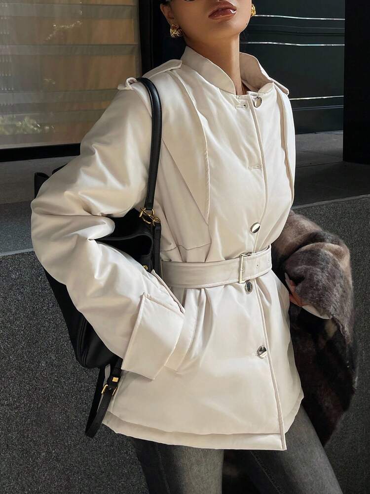 Women's White Refined Elegant Cinched Waist Medium-Long Thick Padded Jacket, Mature Lady Style Winter Coat