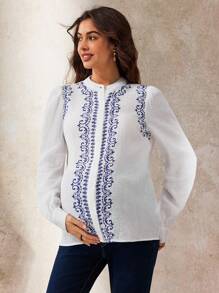 Boho Mama Damen elegante Bluse mit Blume Muster und Puffärmeln, Einzelreiher, Bohemien Vintage Muster, weiße Langarmbluse, Boho Stil Damen Bluse, Langarmbluse, Herbst Damen Bluse - Blau-Weiß - Übersicht 3