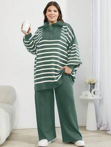 EURMUSE Bộ 3 món áo len cardigan trễ vai họa tiết răng sói và quần dài cho nữ - Màu xanh Bạc hà - Xem 5