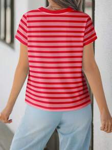 SHEIN LUNE 休闲条纹圆领短袖宽松女式T恤，适合夏季外出穿着，休闲百搭。 - 彩色 - 查看 2