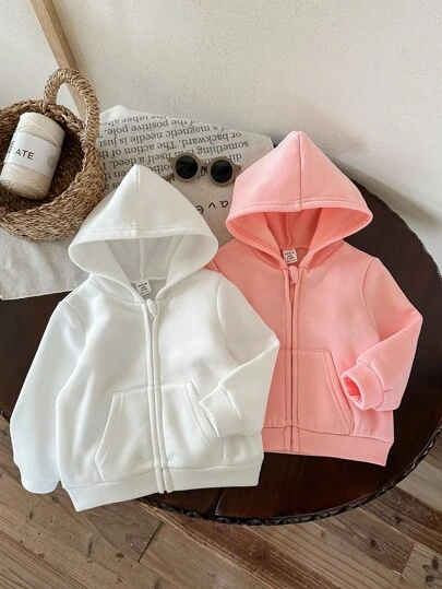 SHEIN LMoss Kids LMoss 2pcs/Set Baby Girl Cute Solid Color Hooded Sweatshirt Set Baby Zip Up Sweatshirt Toddler Zip Up Sweatshirt Baby Sweatshirt Baby Zip Up Jacket Baby Jacket,In Fall/Winter