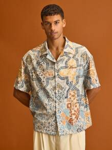 Musero Short Sleeve All Over Pattern Button Through Revere Collar Shirts Embroidery Detailing Summer Holiday Vacation - Multicolor - View 1