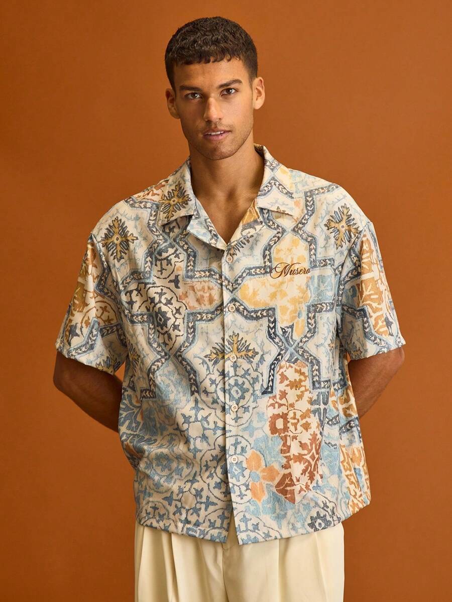 Musero Short Sleeve All Over Pattern Button Through Revere Collar Shirts Embroidery Detailing Summer Holiday Vacation - Multicolor - View 1