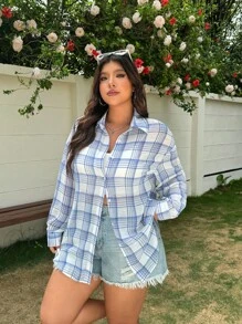 Solflare Plus Size Women's Plaid Print Casual Long Sleeve Blouse, Summer