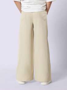 SUMWON 优质套穿阔腿斜纹棉布裤经典宽松版型舒适休闲裤柔软四季百搭校服风格 - 杏色 - 查看 4