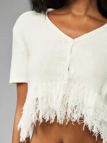 MISSGUIDED Summer Resort Fringe Hem Co Ord Set V Neck Crop Top Mini Skirt Festival Beach Vacation Holiday Two Piece Outfit Party Casual Knitwear