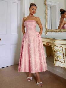 Glamine Charm 优雅复古3D花卉压花无袖喇叭下摆女式连衣裙 - 粉色 - 查看 5