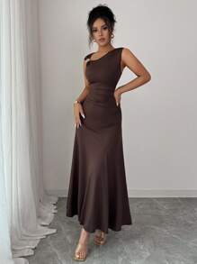 Elenzga Đầm thanh lịch giản dị có nút kim loại cổ bất đối xứng mới cho nữ - Cà phê nâu - Xem 5