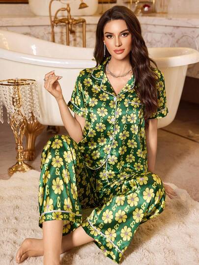 LuxeNights 女式新款花卉印花前开扣短袖睡衣套装（含长裤，缎面）